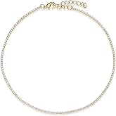 Vescence Cubic Zirconia Choker Adjustable 12-14 Inch | 1.75mm Round Cut Tennis CZ Chain Necklace Gold for Layering | Bridal Party Gold Jewelry Hypoallergenic