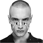 L'VOW Silver Metal Half Mask Face Chain Jewelry Cyborg Accessories | with Dangle Chains, Post Apocalyptic, Y2K, Party, Futuristic, Rave Cosplay, Unisex Cybergoth Earring