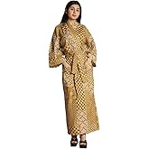 SATNAM HANDICRAFT Cotton Long Kimono Robe for Women, Lightweight Soft Bohemian Hand Block Floral Printed Kaftan Bathrobe with Tie Waist for Loungewear, Spa & Resort Wear, Beach - Free Size, Mustard