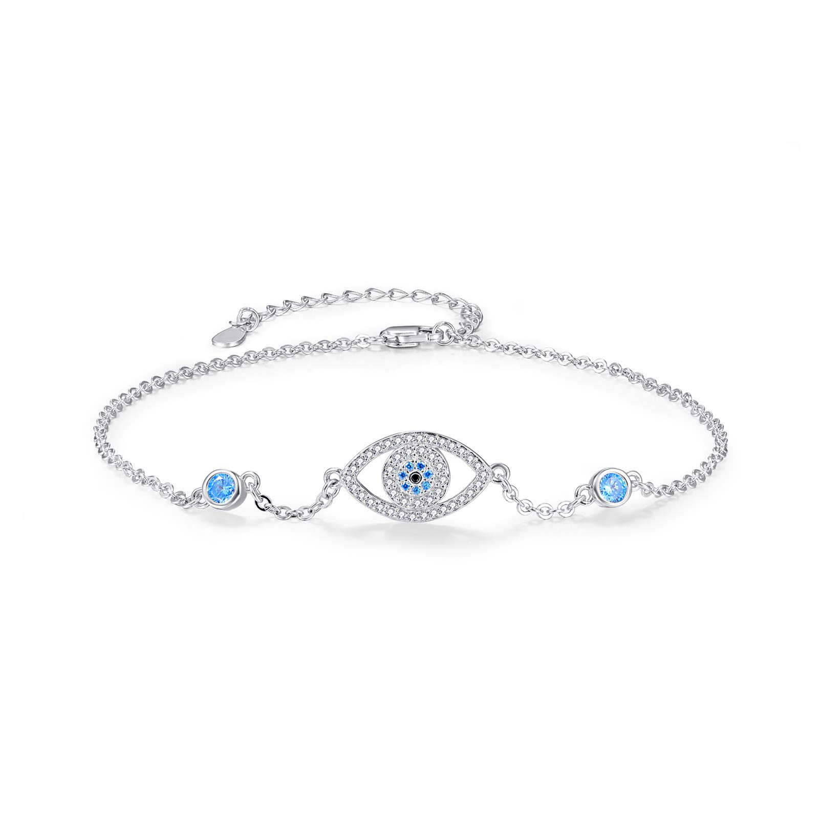 Waysles Evil Eye Anklet for Women Sterling Silver 925 Adjustable Anklets with Cubic Zirconia Large Bracelet Beach Foot Chain Jewelry for Girls
