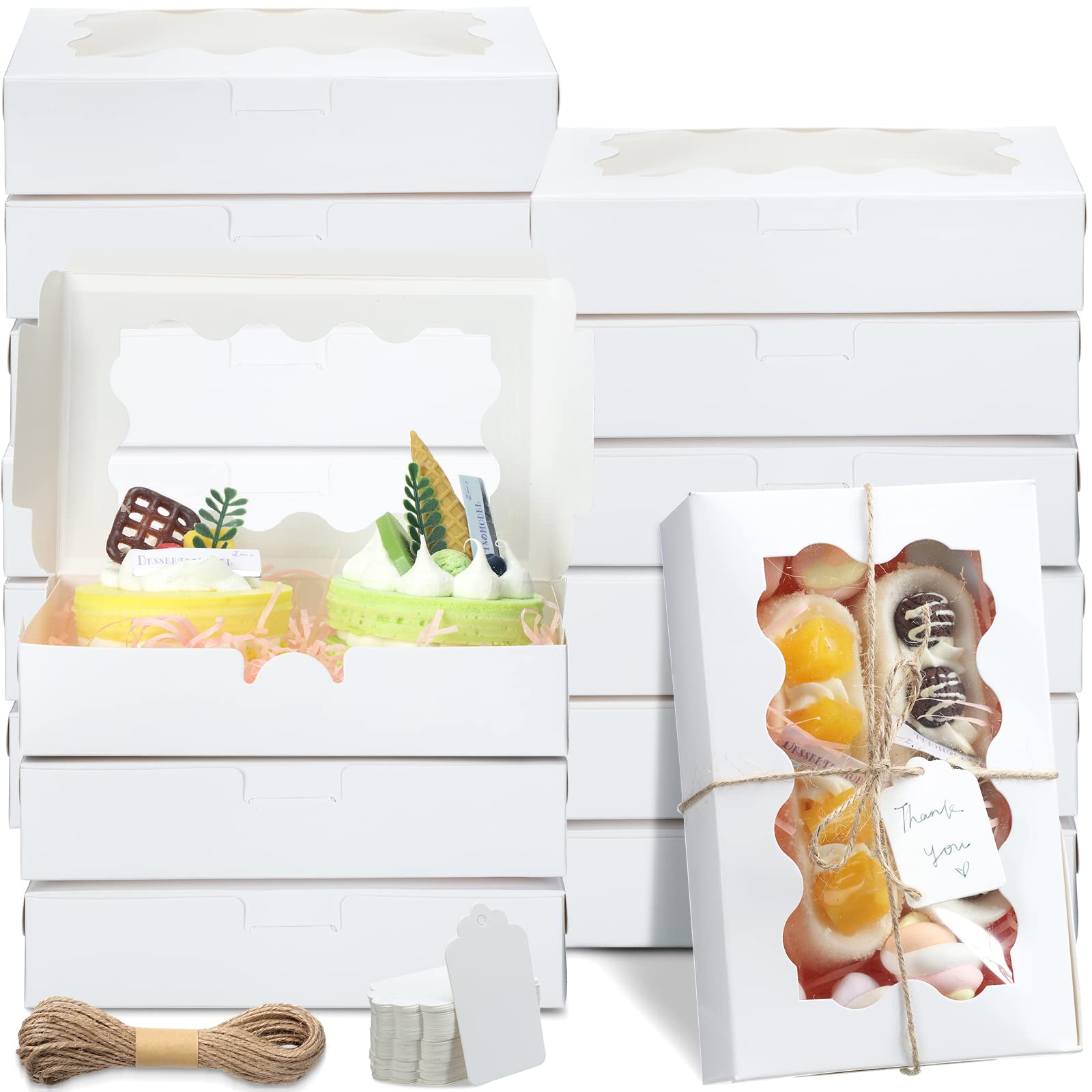 Photo 1 of 60 Pcs Cookie Boxes with Window 7x4.3x1.5 Inch Bakery Treat Box Kraft Paper Cupcake Container with Tag Rope for Dessert Candy Donut Muffin Pie Wedding Party Baby Shower Holiday Gathering(White)