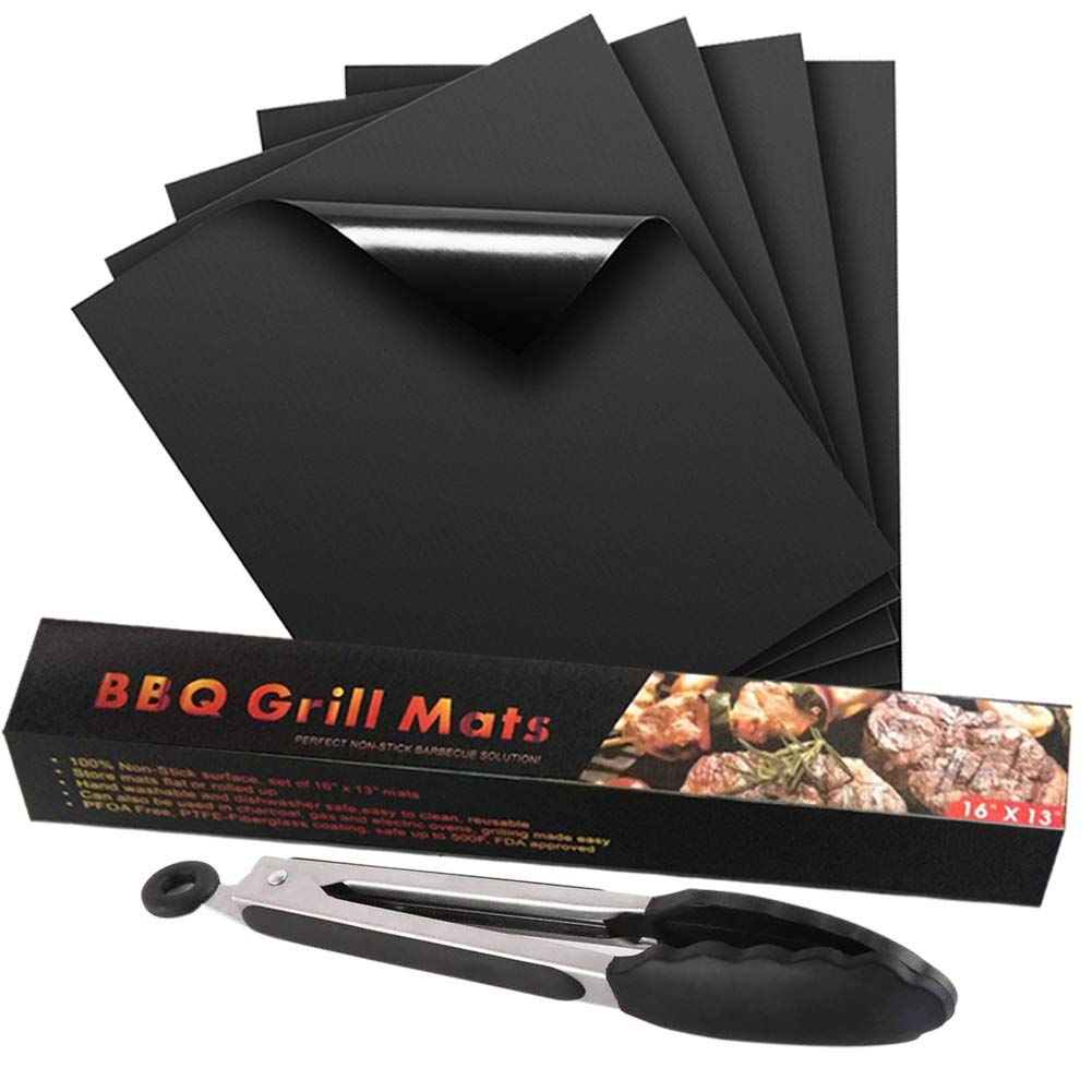 BBQ Grill Mat Set (16"x13"), Non-Stick Barbecue Grill & Baking Mats for Baking on Gas, Charcoal, Oven and Electric Grills - Reusable, Heat Resistant and Easy to Clean Barbecue Sheets, 9" BBQ Tongs