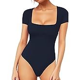 MANGOPOP Women's Square Neck Short Sleeve Long Sleeve Bodysuit Sexy Body Suits Shirt Slim Fitted Tops