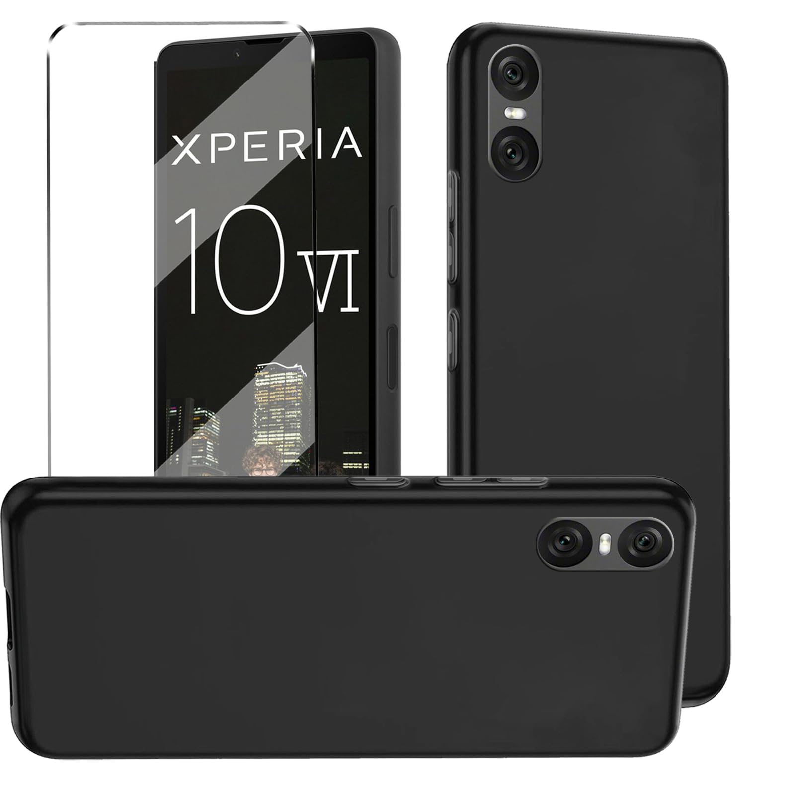 HuiYouMY 2-in-1 Case Compatible with Sony Xperia 10 VI Cover with 1 Pack Tempered Glass Screen Protector for Sony Xperia 10 VI, Slim Fit Soft TPU Shockproof Anti-Scratch Phone Case Cover - Black — image 1
