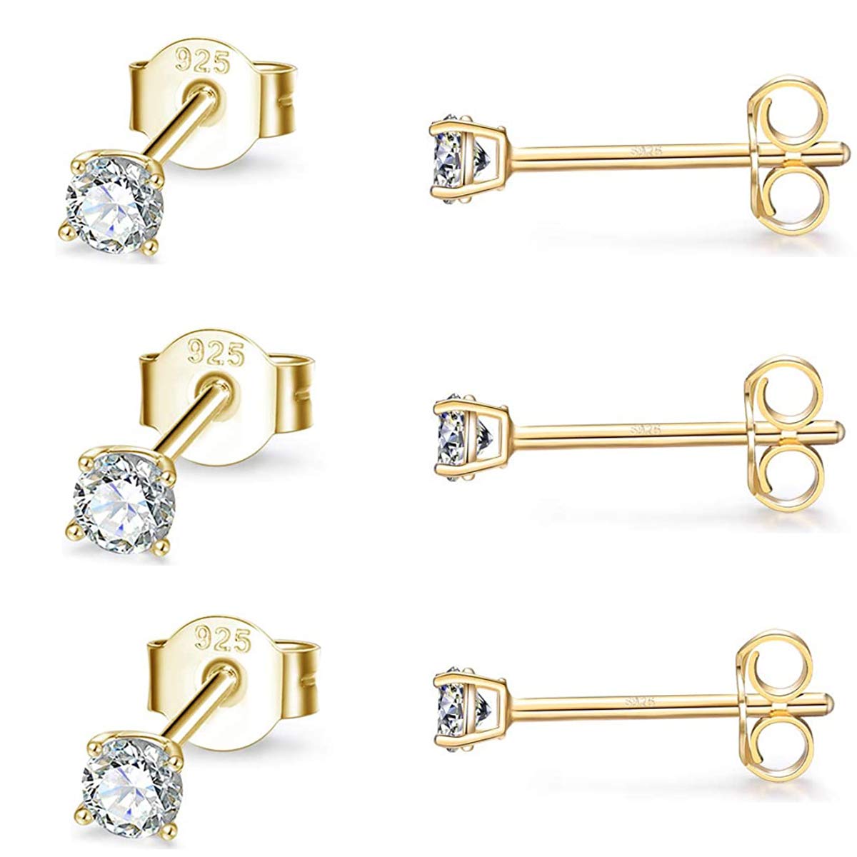 Gulicx 3 Pairs 3mm Silver 14K Gold Stud Earrings Set for Women Girls, Hypoallergenic 925 Stering Silver Round Cubic Zirconia Simulated Diamond Stud Earrings, Small Sleeper Cartilage Studs