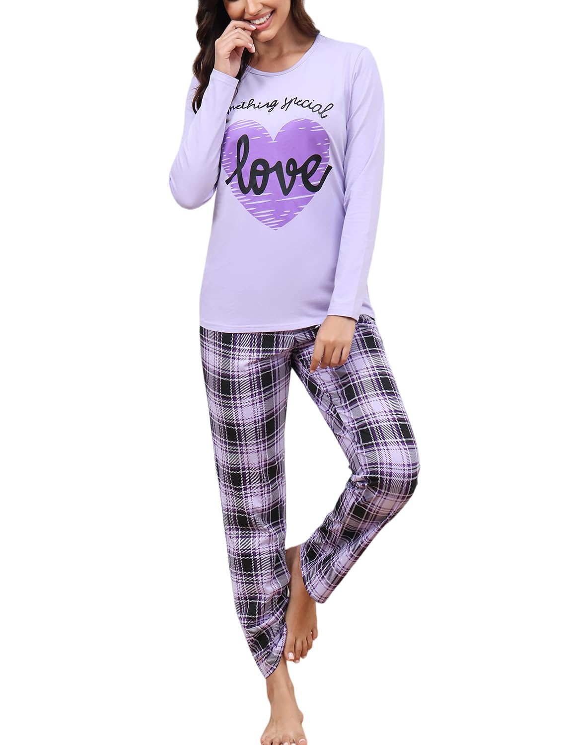 EISHOPEER Women's 2 Pieces Cotton Long Sleeve Pajamas Set Plaid Print Sleepwear Cute Pjs Lounge Sets Purple & Plaid Large Image