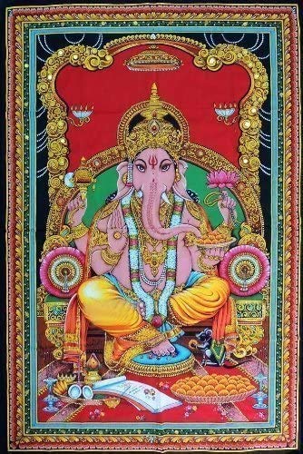 Rastogi Handicrafts Cotton Wall Hanging 40 x 30 Inch Indian Deity For Spritual & Decoration Purpose (singhasan ganpati)