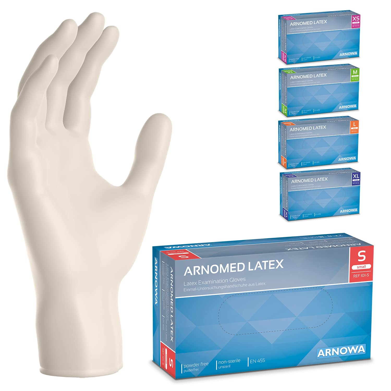Disposable Gloves Latex Powder Free Disposable Gloves Arnomed, Examination Gloves, Powder-Free, Non-Sterile, en 455, 100 per Box (1000 Pieces Per Box, XS, S, M, L, XL, S, beige, 100