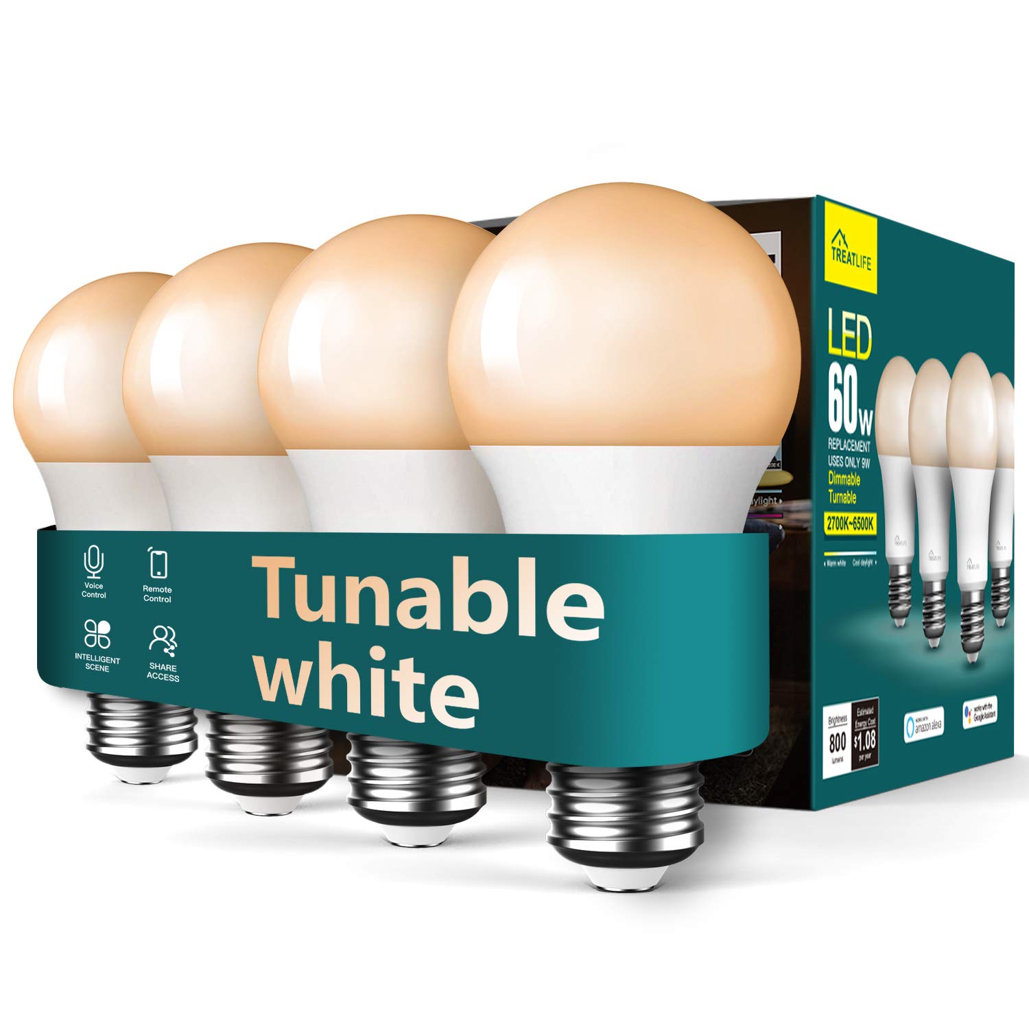 Photo 1 of TREATLIFE Smart Light Bulbs 4Pack, 2500K-6500K Tunable White Dimmable LED Light Bulb Compatible with Alexa and Google Home, 2.4GHz WiFi Smart Bulb, 800LM, E26 A19 9W, No Hub Required