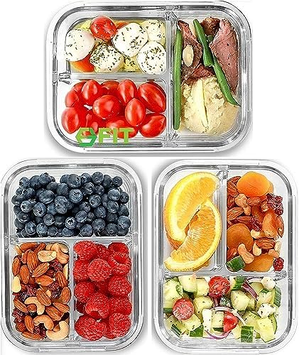 FIT Strong & Healthy 3 Compartment Glass Meal Prep Containers [5 Pack ...