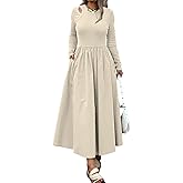 Mieazom Women’s Maxi Dress with Pockets, Long Sleeve A-Line Flowy Full Length Dress Cutout Shoulder, Elegant Casual Outfit