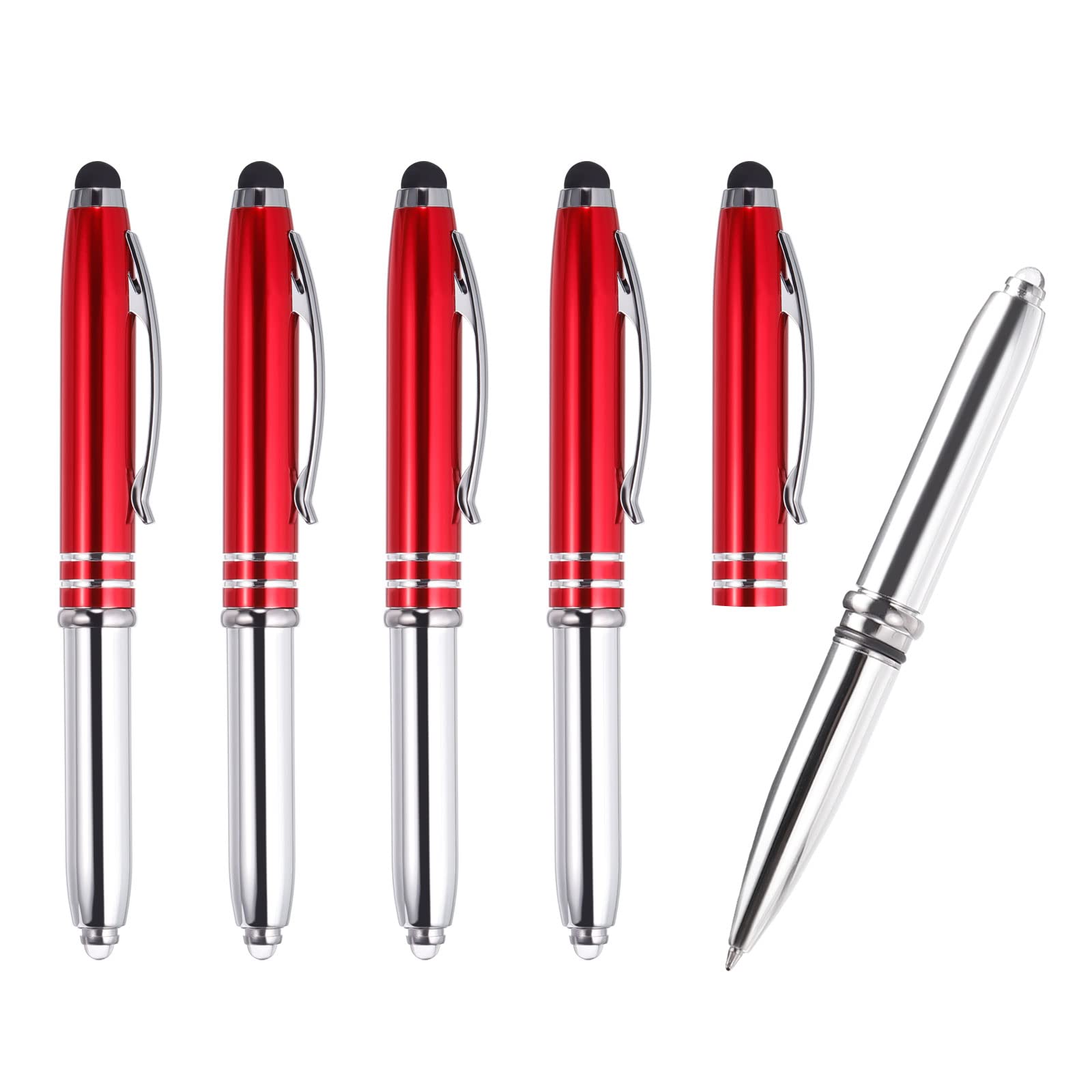 PATIKIL Ballpoint Pen with Stylus Tip and LED Flashlight, 5 Pack 3 in 1 Metal Pen Black Ink 1.0mm Medium Point Stylus Pen for Touch Screens, Red