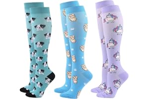 JURUAA Cute Animal Compression Socks for Women - Travel, Running, Nurses - Wide Calf Knee High Socks for Long Flying, 3 Pairs
