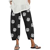 WODOLL Linen Capri Pants for Womens Casual Cotton Cropped Elastic Waist Lounge Baggy Palazzo Trousers with Pockets