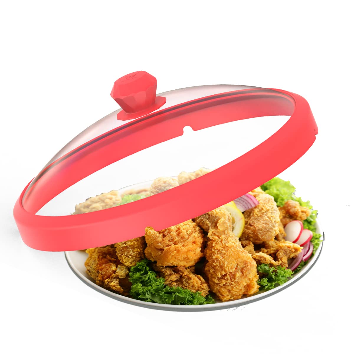 Photo 1 of Microwave Glass Cover Splatter Guard Lid with Anti-scald Silicone Handles and Vented Edge for Food Pot Plate Cover 10.5 inch Red