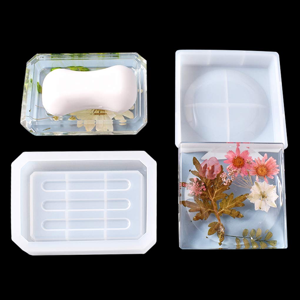 FineInno 2 Pcs Soap Dish Resin Moulds,Rectangle Jewelry Box Molds Round Epoxy Moulds Jewelry Tray Silicone Mold Storage Sponges Earring Holder Plate (Soap Dish Resin Moulds)