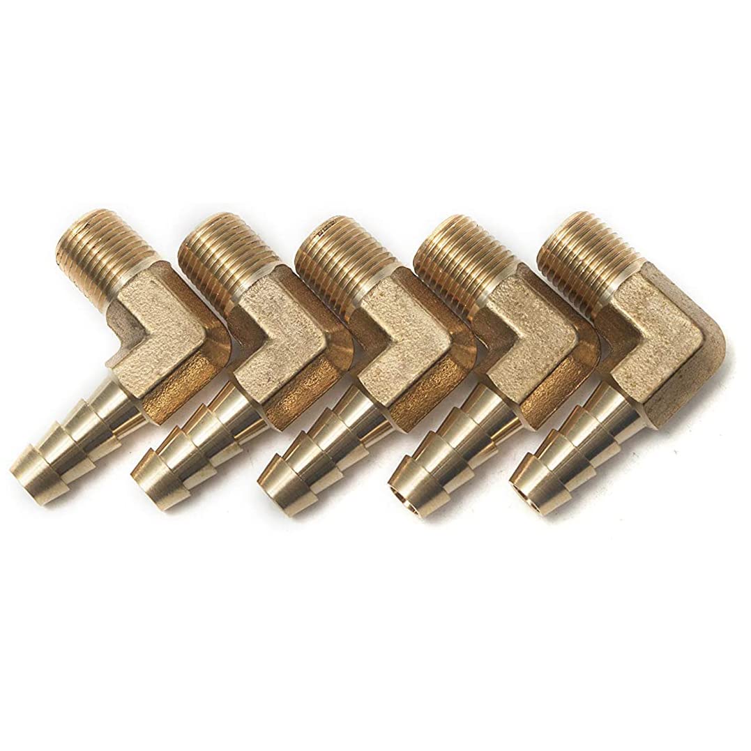 LTWFITTING 90 Deg Elbow Brass Barb Fitting 1/8-Inch Male BSPT x 6mm ID Hose(Pack of 5)