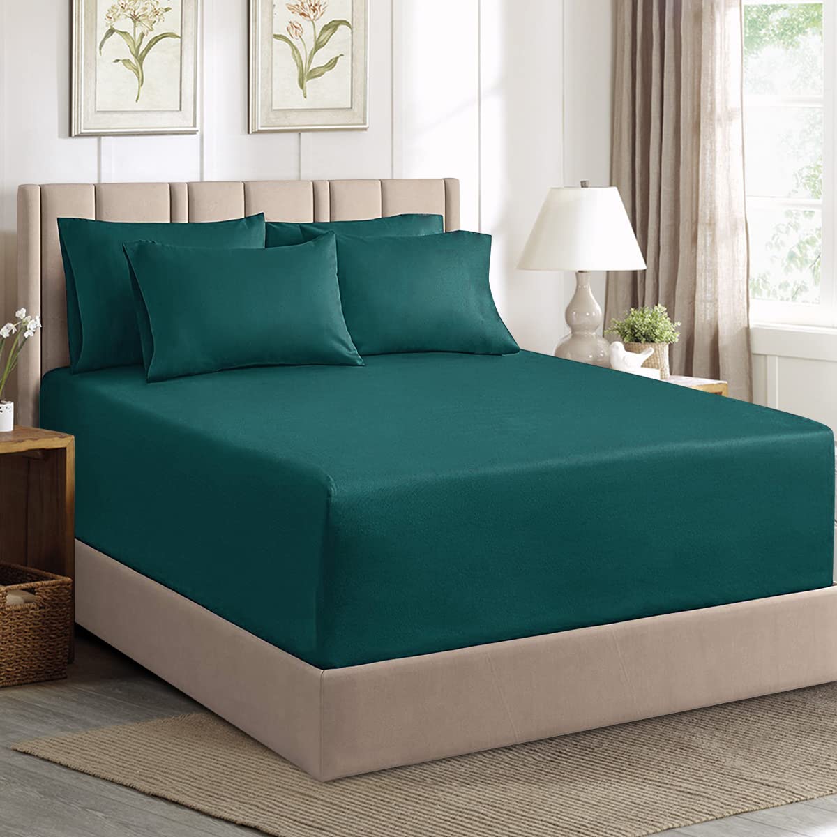Aisbo Double Fitted Sheet Green - Extra Deep Pocket Bed Sheet 16 inch 40 cm - Microfiber Bottom Sheet, 135x190cm