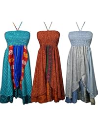 Womens Sundress Recycled Silk Sari Vintage Two Layer Free Spirited Halter Dress Wholesale Lot Of 3 Pcs