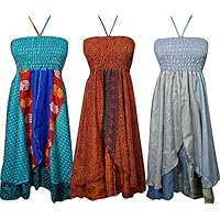 Womens Sundress Recycled Silk Sari Vintage Two Layer Free Spirited Halter Dress Wholesale Lot Of 3 Pcs
