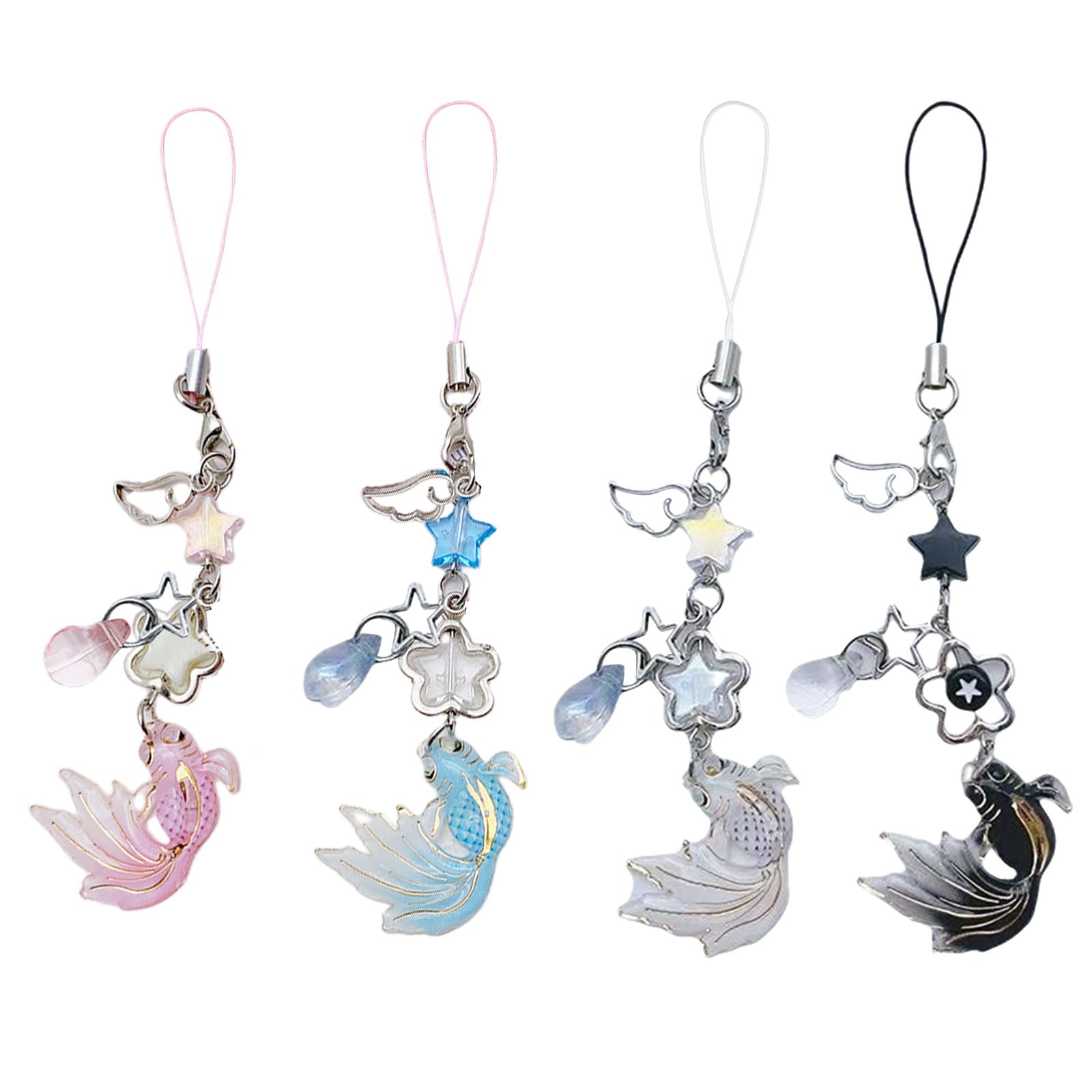 GlamRays Pack of 4 Mobile Phone Charms, Aesthetic Y2K Phone Charm, Cute Phone Lanyard String, Cute Keychain Koi Carp for Mobile Phone Bag, Key Ring, Camera Pendant