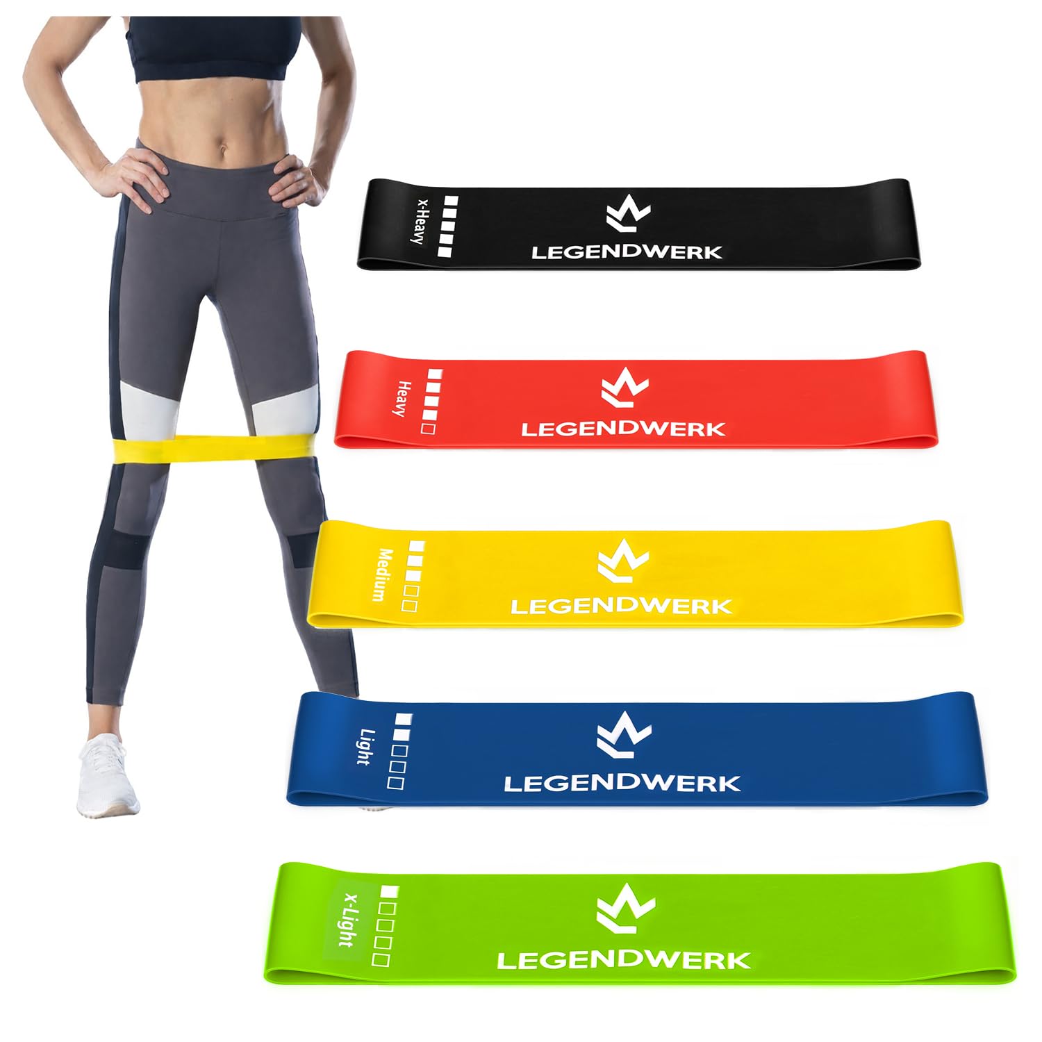 Legendwerk® Set of 5 Resistance Hip Bands - Premium fitness bands in different strengths - Resistance bands for fitness, workout and rehab - colorful loops (blue. yellow. black. red. green)