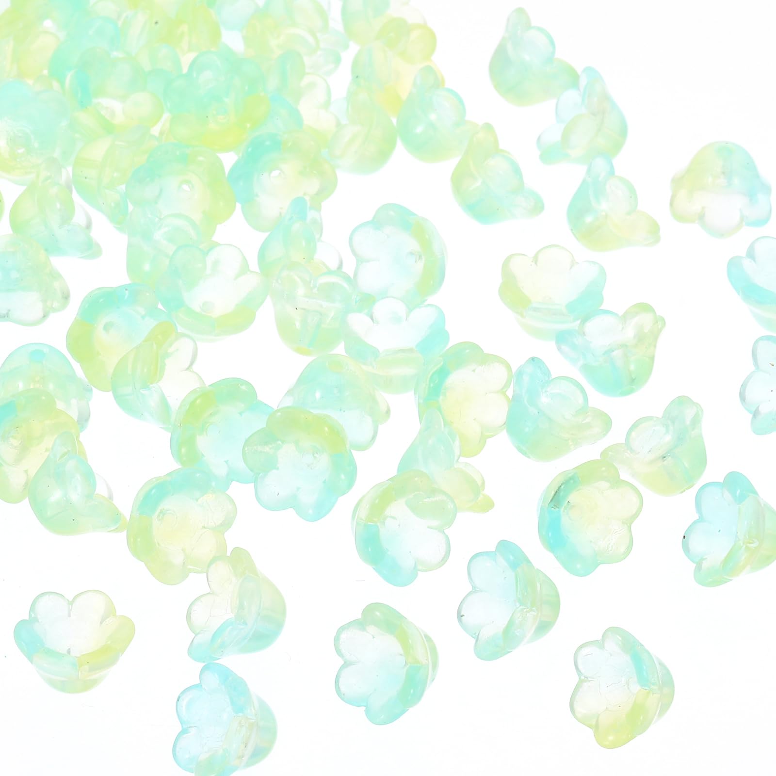 PATIKIL Glass Trumpet Flower Beads, 100 Pcs Gradient Flower Bead Charm for DIY Craft Decorations, Yellow, Green