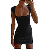 SOLY HUX Women's Square Neck Ruched Bodycon Mini Dress Cap Sleeve Summer Casual Dresses