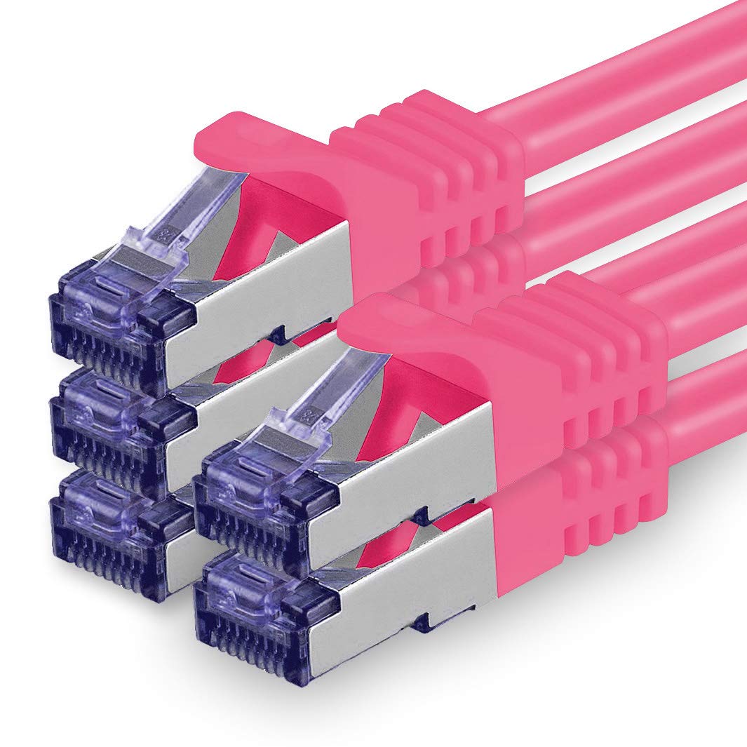 1aTTack.de Cat.7 network cable 1m - magenta - 5 pieces - Cat7 patch cable (SFTP/PIMF/LSZH) raw cable 10 Gb/s with Rj 45 connector Cat.6a - 5 x 1 meter magenta