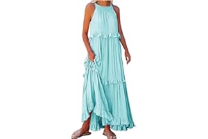 GENERIC Maxi Dresses for Women 2024 Sleeveless Halter Long Summer Dresses Tiered Ruffle Beach Boho Dress Elegant Party Flowy Sundress