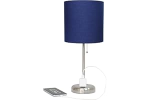 Simple Designs LT2024-NAV Brushed Steel Stick Table Desk Lamp with Charging Outlet and Drum Fabric Shade, Navy Blue Shade