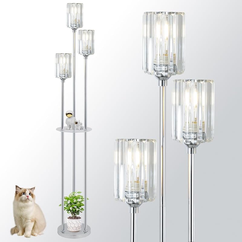 Rayofly 3-Light Crystal Floor Lamp with Shelves Chrome Standing Lamp