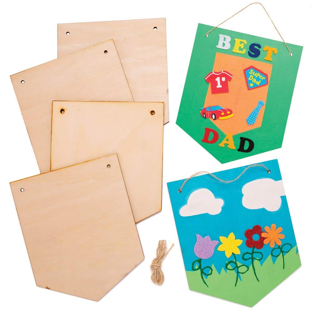 Baker Ross AT395 Wooden Hanging Banners - Pack of 4, Blank Templates And String For Children To Design And Decorate