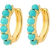 TaYolnFaSo Natural Gemstone Hoop Earrings for Women 14k Gold Plated Round Pearl Huggie Earring Aquamarine Turquoise Jewelry Gift for Wife Mother Daughter Girlfriend
