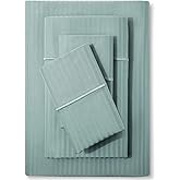 Feather & Stitch 500 TC King Size Bed Sheet Set, 100% Cotton Soft Breathable Bedsheets, 4 Piece 18" Deep Pockets Sateen Weave Striped Bedding Mattress Resort Hotel Luxury - (Granite Green Stripe)