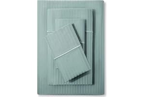 FEATHER & STITCH NEW YORK Feather & Stitch 500 TC Queen Size Damask Bed Sheet Set, 100% Cotton Soft Breathable Bedsheets 4 Piece 18" Deep Pockets Sateen Weave Striped Bedding Mattress Resort Hotel Luxury (Granite Green)