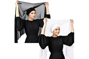 2Pcs Women Instant Chiffon Hijab with Built-in-Magnet and Sewn Undercap Chiffon Head Wrap Under Scarf Caps