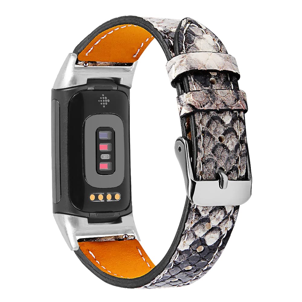 AISPORTS Leather Strap Compatible for Fitbit Charge 6/Charge 5 Strap for Women Men, Soft Breathable Leather Sport Wristband Metal Buckle Clasp Bracelet Replacement Band for Fitbit Charge 6/5