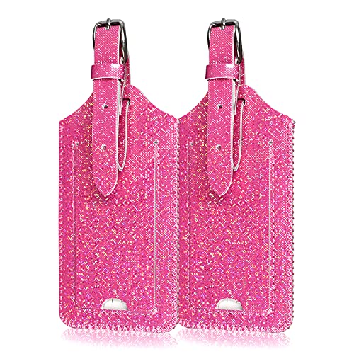 ACdream Luggage Tags 2 Pack, Leather Suitcase Tags Identifiers, Cute Cruise ID Labels with Privacy Cover fits on Backpack, Travel Bag, for Women, Men, Adults, Kids, Hot Pink Glitter