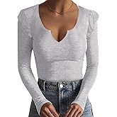 Basicspace Womens Fashion Summer Tops Ruffle Sleeve Knit Ribbed Stretch Slim Fitted Shirts V Neck Blouse