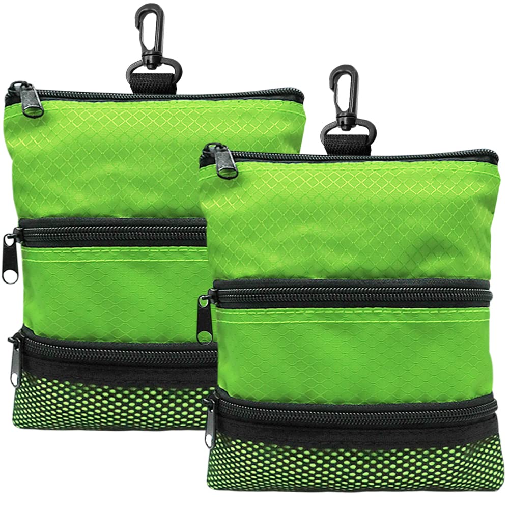 AMRTA Golf Pouch Bag Pocket Value 2 Pack Golf Tee Bag Pouch with Plastic Clip, 3-layer Zipper Golf Bag Accessories Golf Ball Pouch (Bright Green)