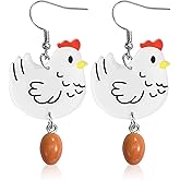 Chicken Earrings with Dangling Egg, Silly Kawaii Acrylic Dangle Earrings for Women - Funny Farm Animal Jewelry, Lightweight Hypoallergenic Gift for Animal Lovers