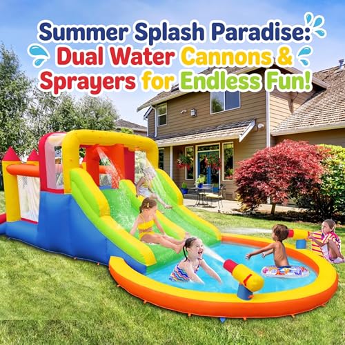 Umbalir InfIatable Bonuce House with 4 Slides & Large Splash Pool, Water Park with Ultra-Wide Climbing Wall, Jumping, Water Cannons & Surprise Water Sprayers for 3-10 yr Kids(20.6'Lx9.6'Wx6.4'H)