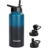 Malalife Water Bottle, BPA Free Insulated Stainless Steel, 32oz, Dual lids, Keep Cold 24H, Large Flask, Wide Mouth, Double Wall Metal Sport Drink Bottle, Hiking, Gym, Camping, Deep Teal & Onyx
