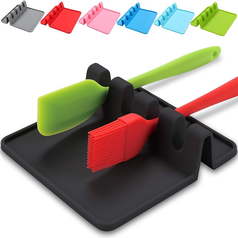 Sinnsally Silicone Cooking Utensil Rest with Drip Pad - Black Spoon Holder