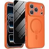 Magnetic for iPhone 17 Pro Max Case Matte with Privacy Screen Protector Compatible with Magsafe Charger, Translucent Matte Phone Case for iPhone 17Pro Max 6.9 inch (Orange)