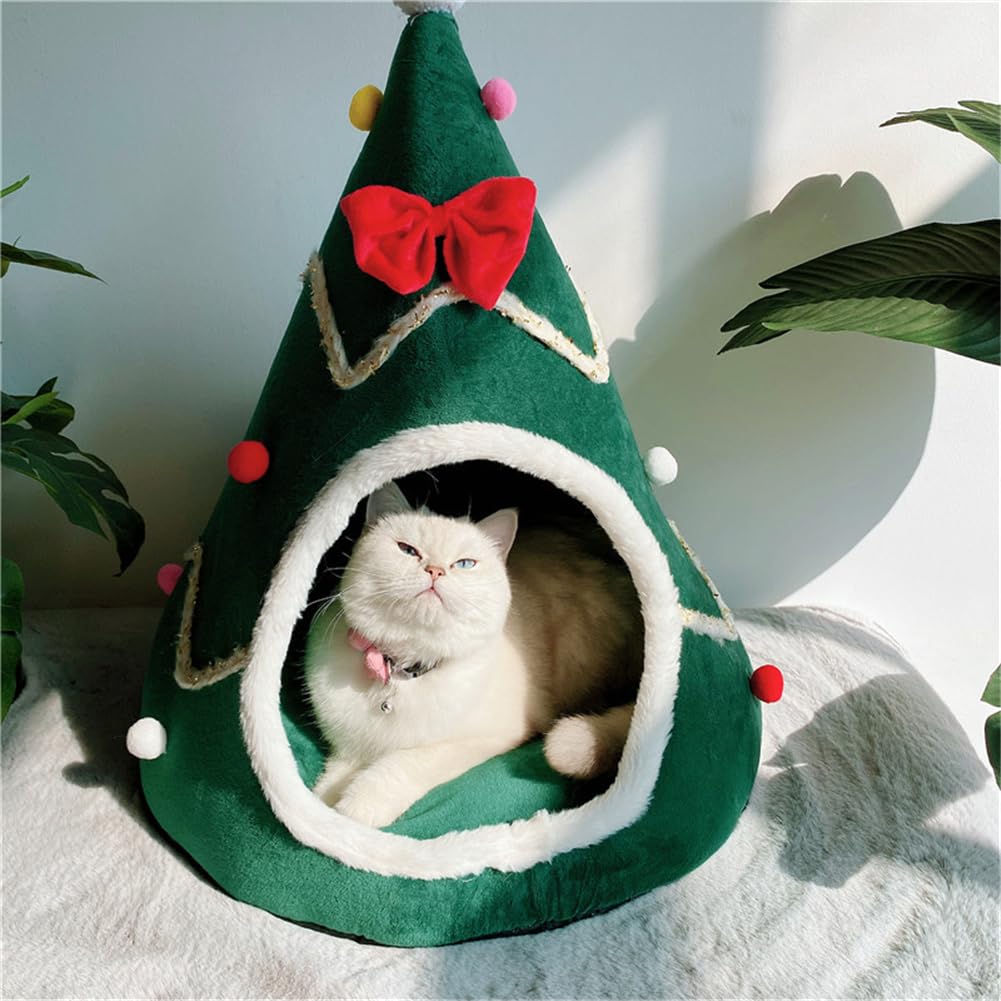 Photo 1 of GPPSUNGD Christmas Tree Cat Bed for Indoor Cats House Tent with Detachable Pillow Xmas Cave Beds for Pets Cats and Dogs (23.6 X 21.7 Inch, Green Xmas Tree)