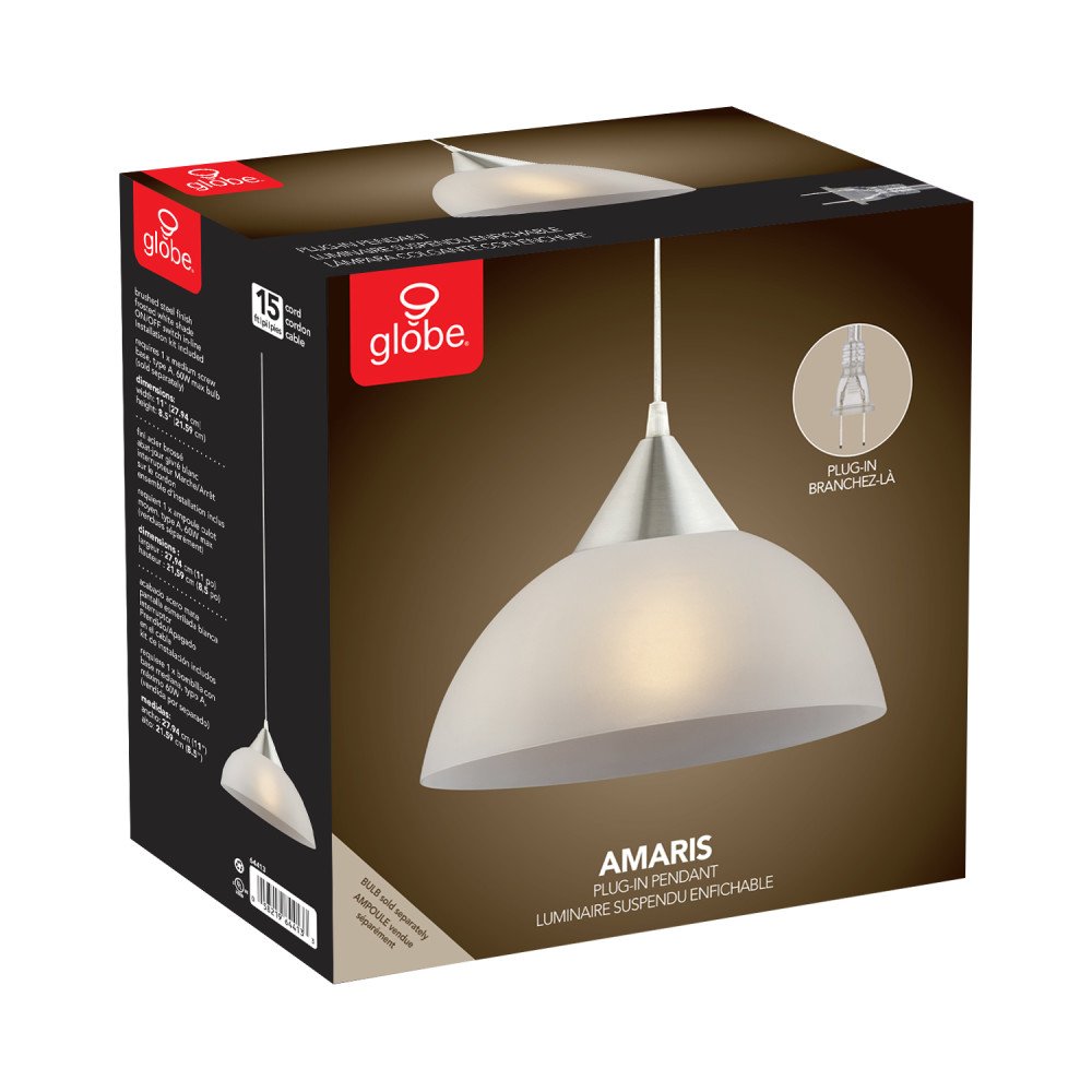 GLOBE Electric 64413 1-Light Plug-in Pendant, Brushed Steel, Frosted White Shade, 15ft Clear Cord, in-Line On/Off Switch, E26 Base Socket, Kitchen Island, Café, Hanging Light, Bulb Not Included