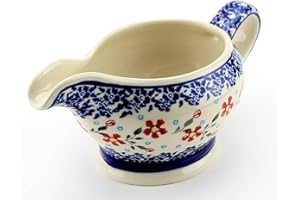 Polish Pottery Market 16 oz. Gravy Boat Handmade by Zaklady Boleslawiec Poland, Decorative Ceramic Gravy Boat for Thanksgiving Christmas, Salad Dressing, Creamer, Microwave and Dishwasher Safe
