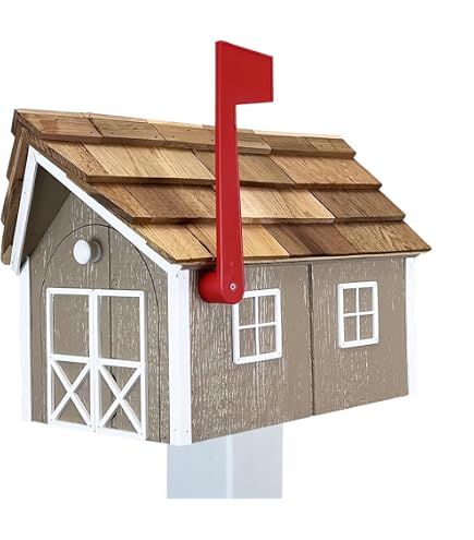 Amish-Made Cedar Roof Wooden Mailbox - Beige With White Trim, Window & Door Details, Rustic Outdoor Postbox